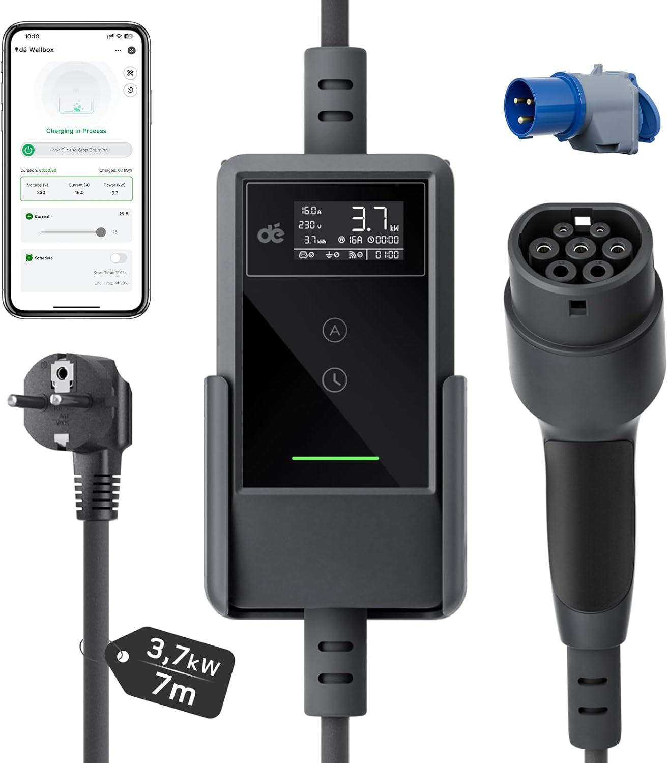 Chargeur voiture électrique Type 2 - 3,7kW - Câble 7m avec App
